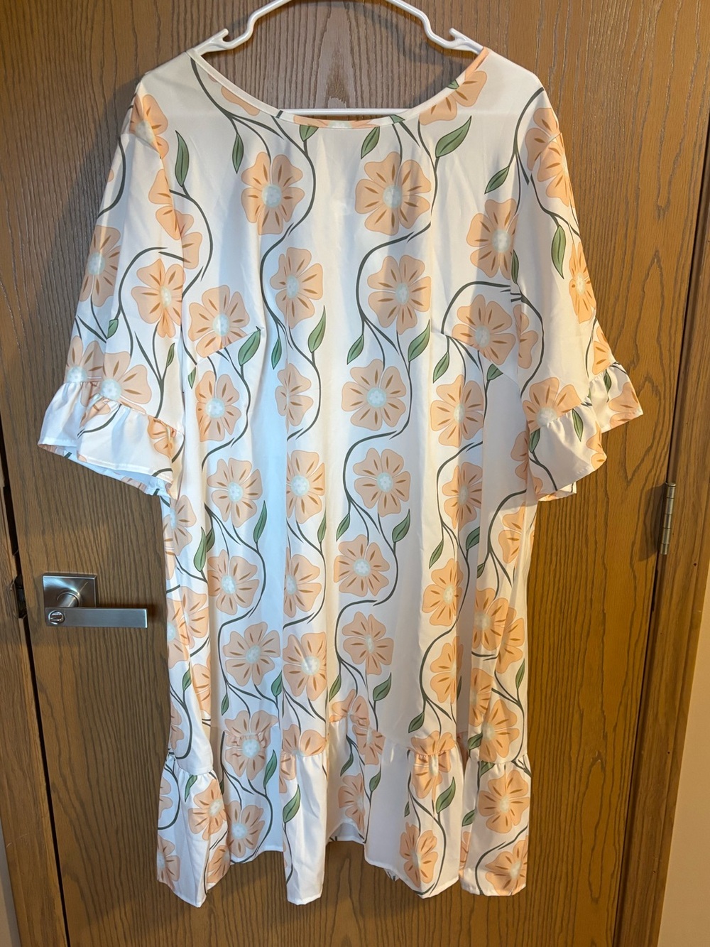 White Floral Ruffle Sleeve Shift Dress with Peach Blooms